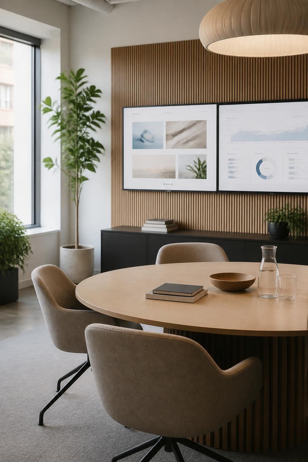 Bright modern meeting space with marketing screens and clean office design.