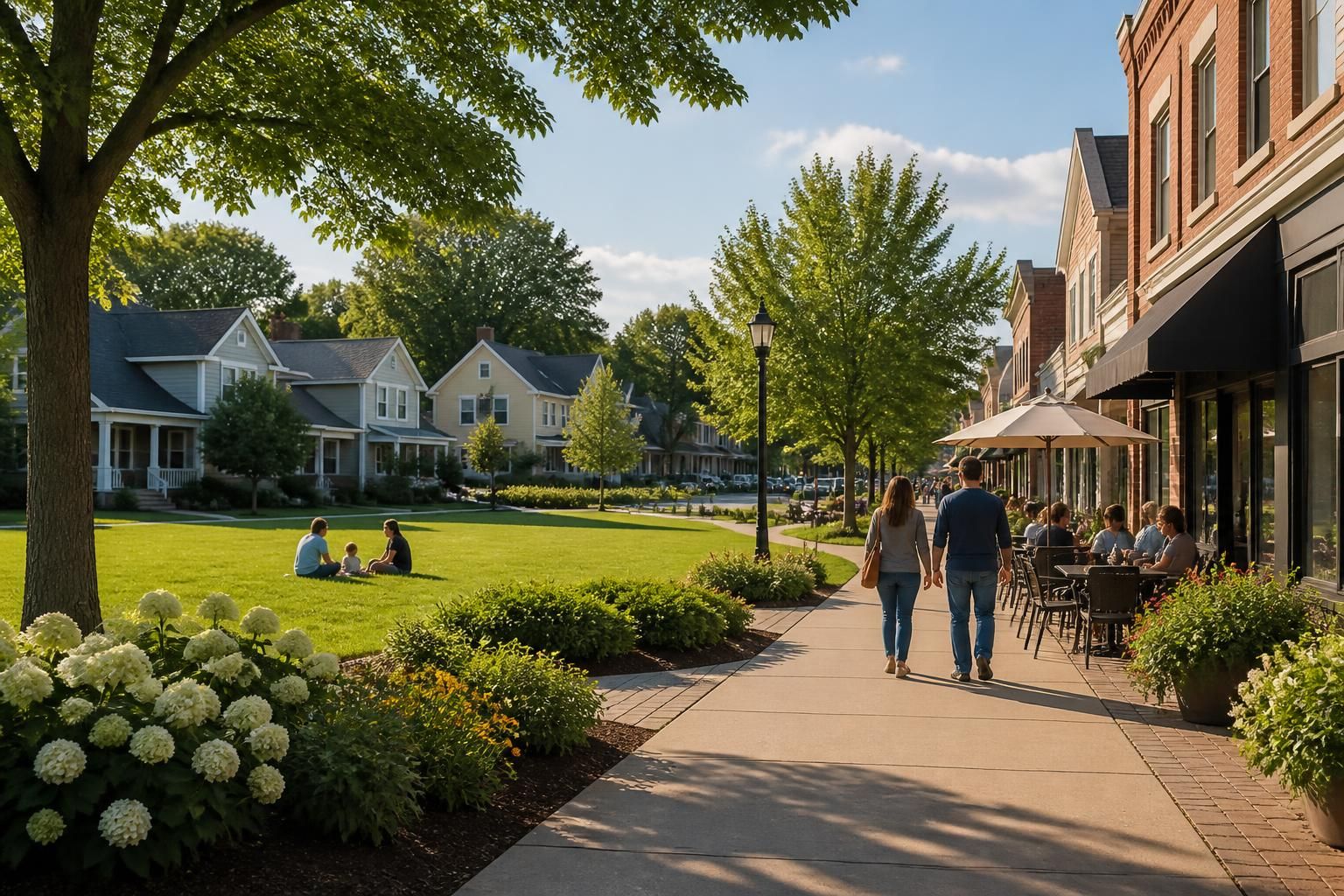 Residential community with green space and local shops in Cottage Grove.