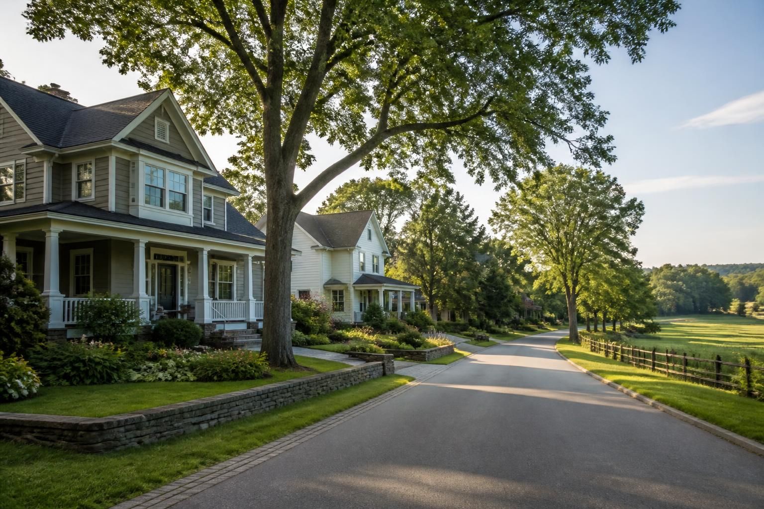 Scenic suburban homes and greenery near a calm road in Lake Elmo.
