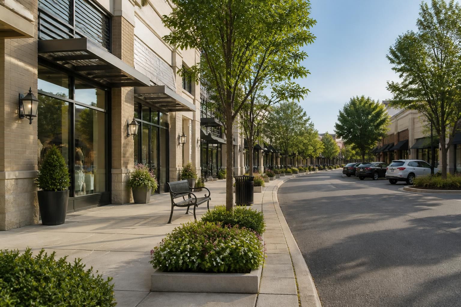 Tree-lined commercial district with modern storefronts in Maplewood.