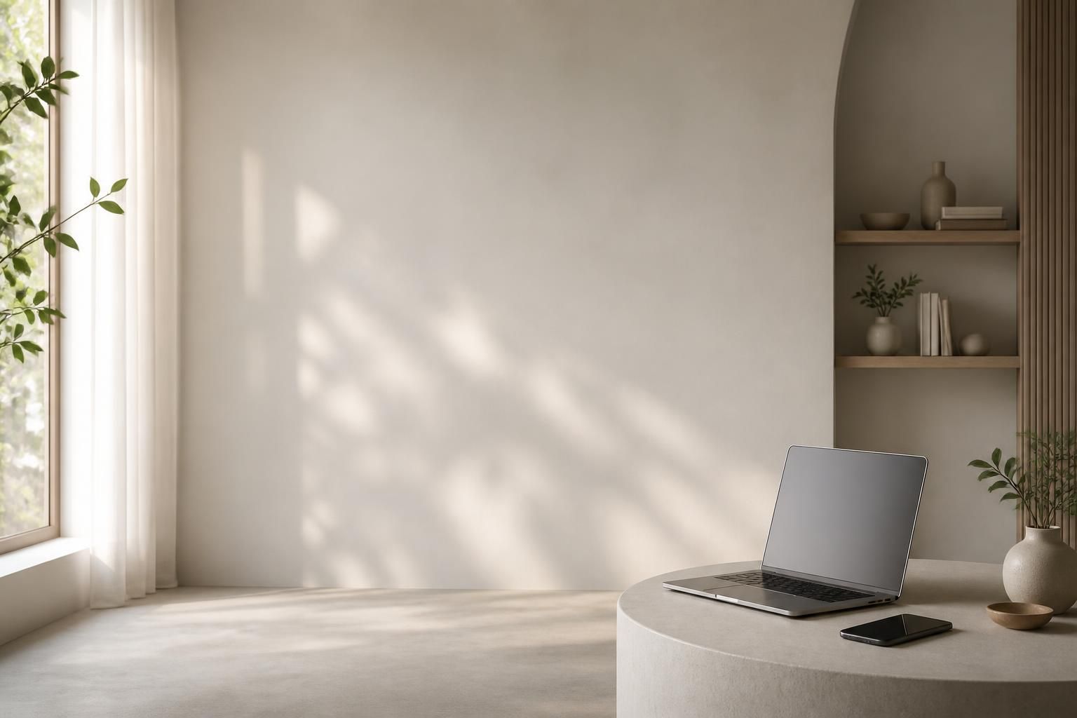 Modern marketing studio with open space and clean digital work surfaces.